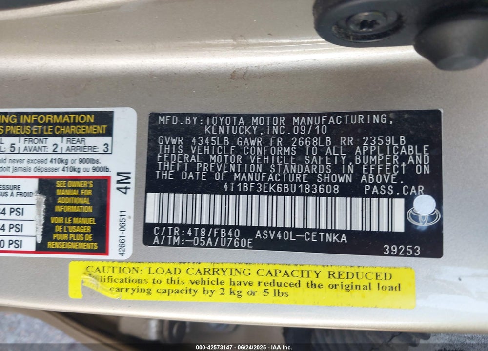 2011 TOYOTA CAMRY VIN: 4T1BF3EK6BU183608