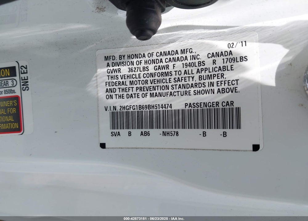 2011 HONDA CIVIC VIN: 2HGFG1B69BH514474