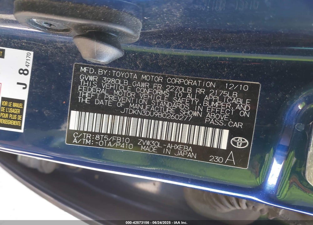 2011 TOYOTA PRIUS VIN: JTDKN3DU9B0260277