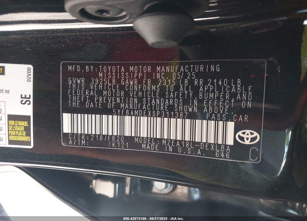 2025 TOYOTA COROLLA LE VIN: 5YFB4MDEXSP311387