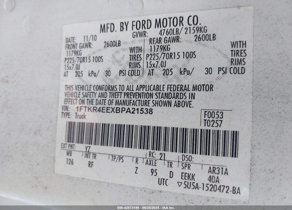 2011 FORD RANGER XLT VIN: 1FTKR4EEXBPA21538
