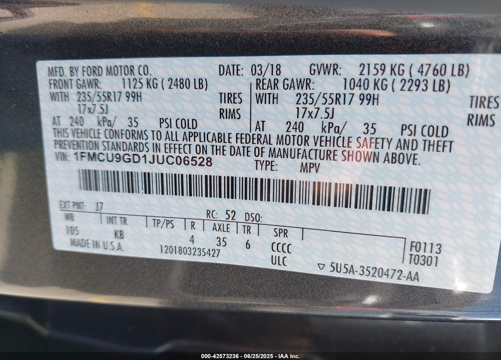 2018 FORD ESCAPE SE VIN: 1FMCU9GD1JUC06528