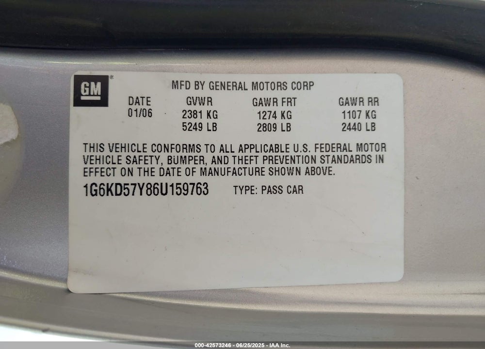2006 CADILLAC DTS VIN: 1G6KD57Y86U159763