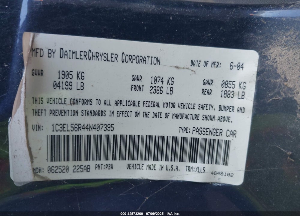 2004 CHRYSLER SEBRING LXI VIN: 1C3EL56R44N407395