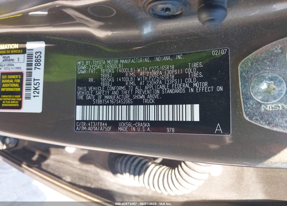 2007 TOYOTA TUNDRA VIN: 5TBBT54167S452065