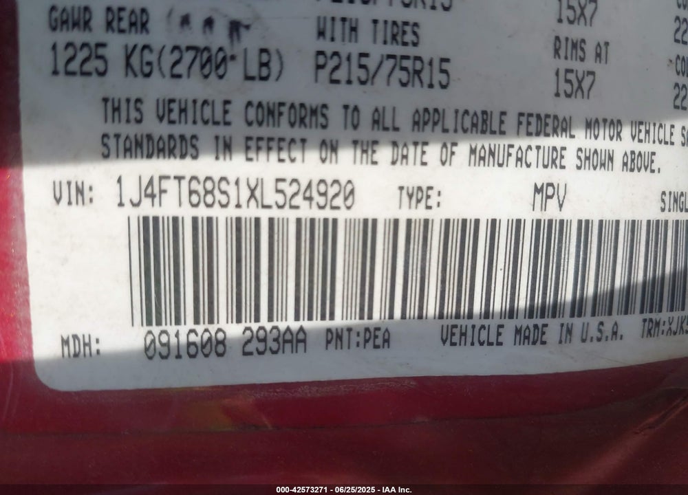 1999 JEEP CHEROKEE CLASSIC/SPORT VIN: 1J4FT68S1XL524920