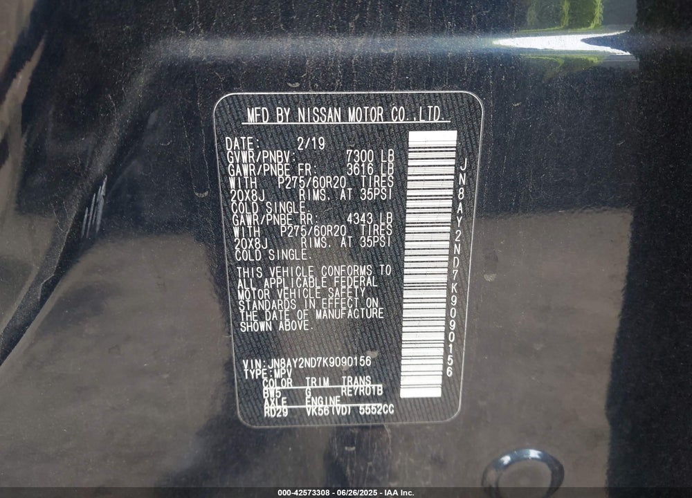 2019 NISSAN ARMADA VIN: JN8AY2ND7K9090156