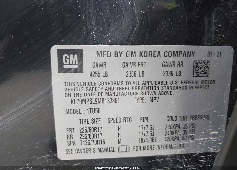 2021 CHEVROLET TRAILBLAZER VIN: KL79MPSL9MB133861