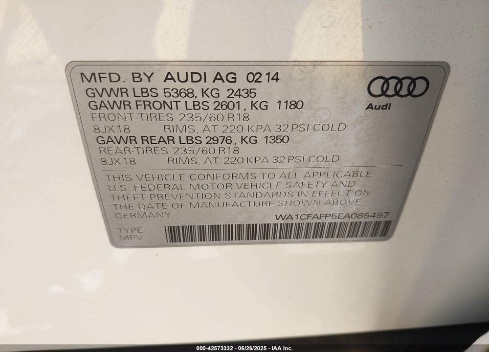 2014 AUDI Q5 2.0T PREMIUM VIN: WA1CFAFP5EA085497
