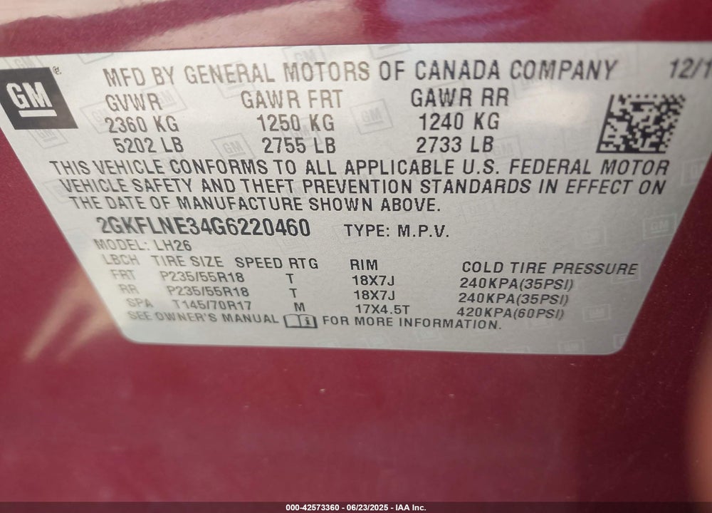 2016 GMC TERRAIN VIN: 2GKFLNE34G6220460