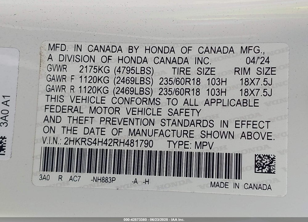 2024 HONDA CR-V VIN: 2HKRS4H42RH481790