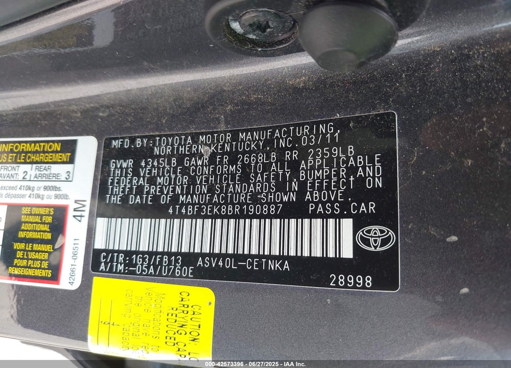 2011 TOYOTA CAMRY VIN: 4T4BF3EK8BR190887