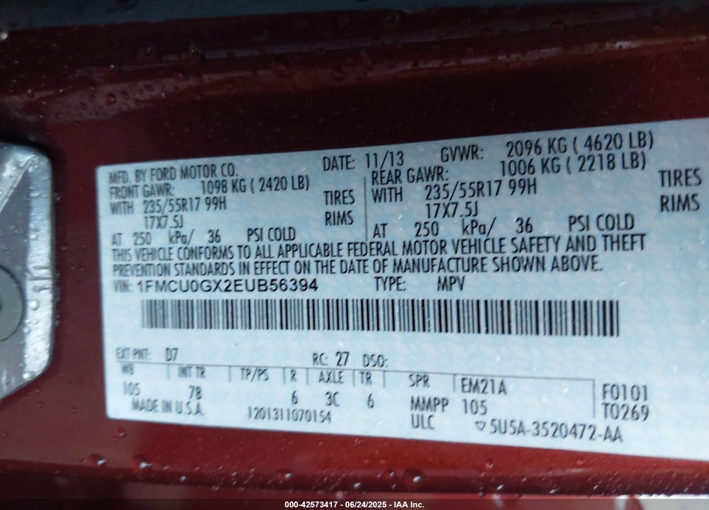 2014 FORD ESCAPE VIN: 1FMCU0GX2EUB56394