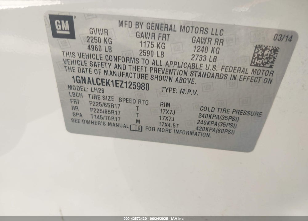 2014 CHEVROLET EQUINOX 2LT VIN: 1GNALCEK1EZ125980