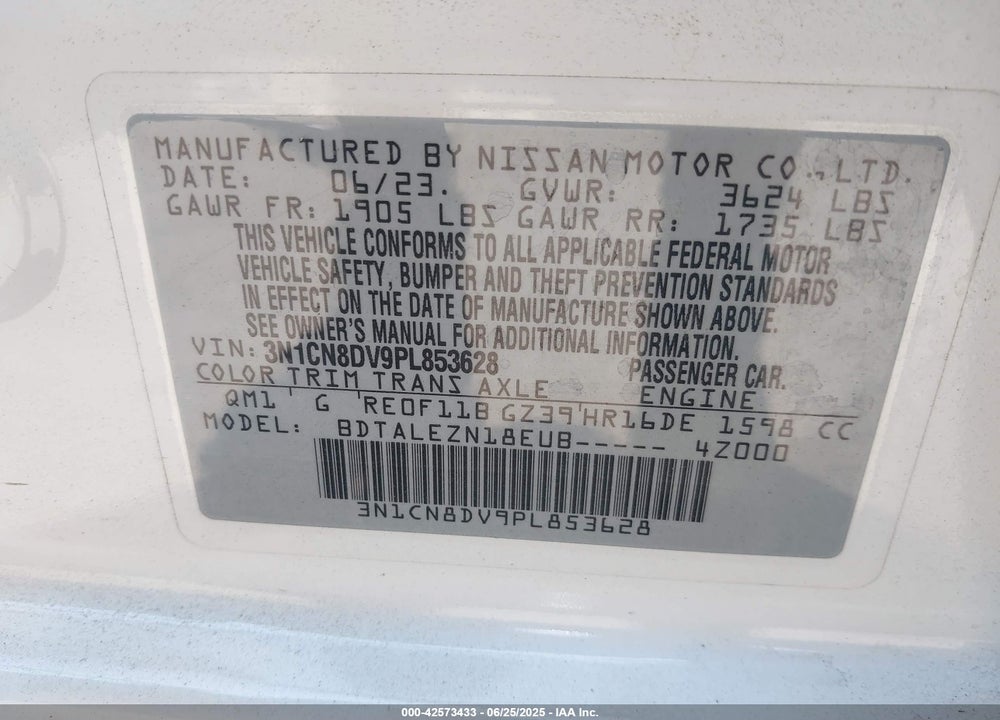 2023 NISSAN VERSA VIN: 3N1CN8DV9PL853628