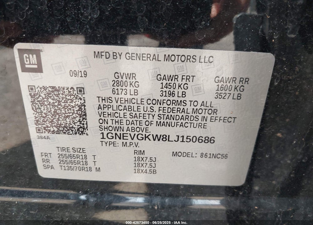 2020 CHEVROLET TRAVERSE VIN: 1GNEVGKW8LJ150686