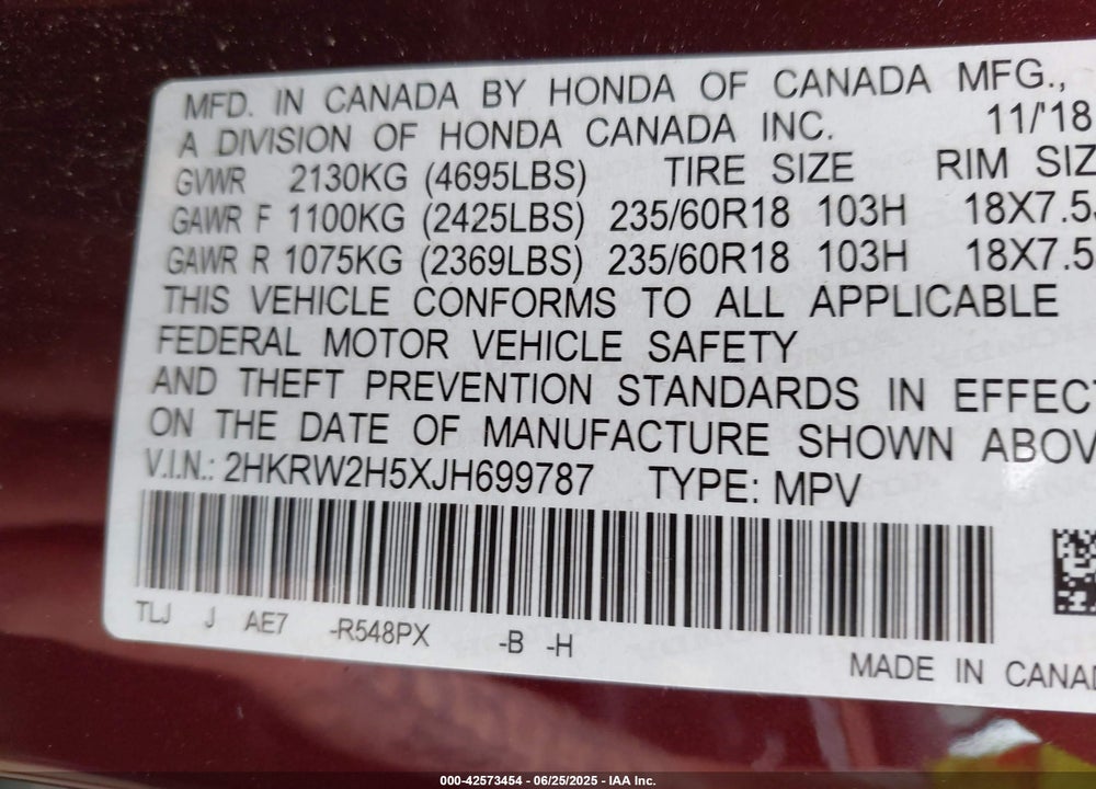 2018 HONDA CR-V VIN: 2HKRW2H5XJH699787