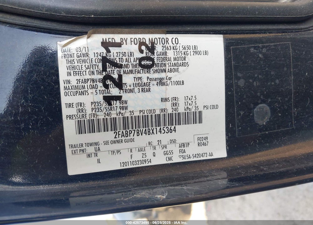 2011 FORD CROWN VICTORIA VIN: 2FABP7BV4BX145364