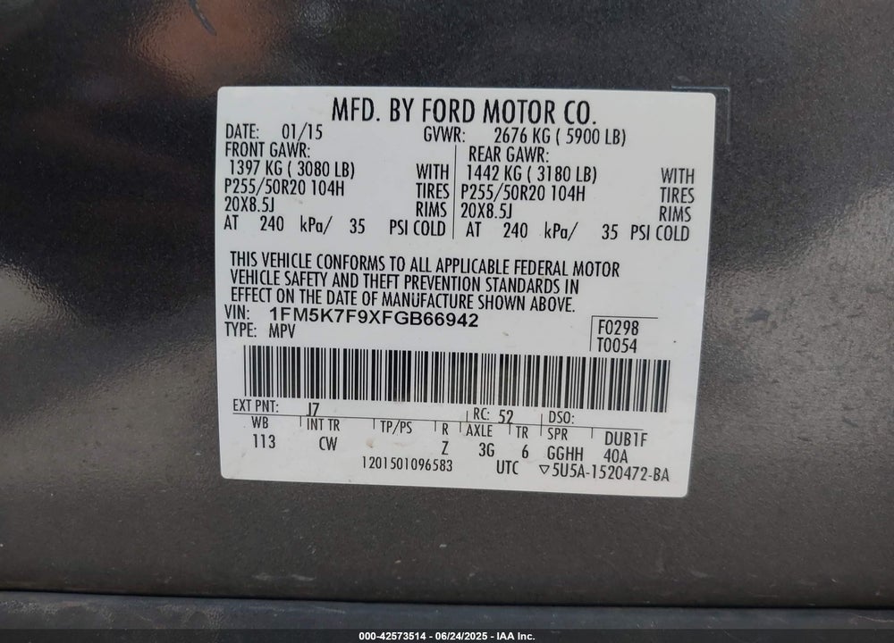2015 FORD EXPLORER VIN: 1FM5K7F9XFGB66942