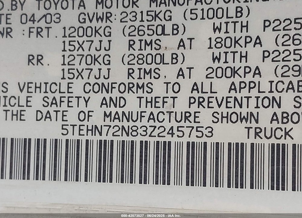 2003 TOYOTA TACOMA BASE V6 VIN: 5TEHN72N83Z245753