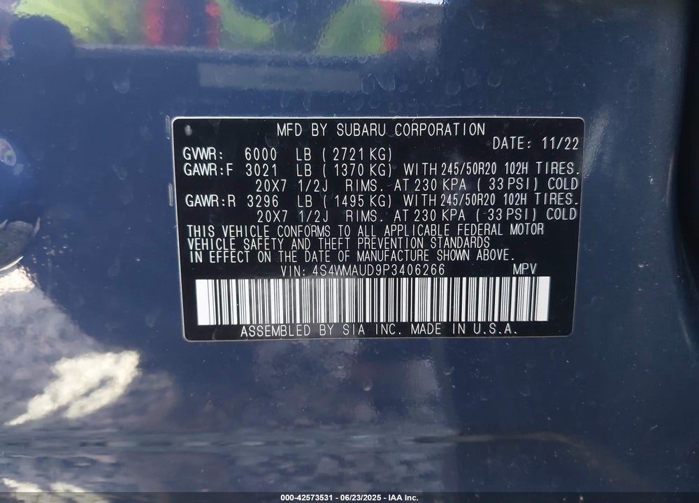 2023 SUBARU ASCENT VIN: 4S4WMAUD9P3406266