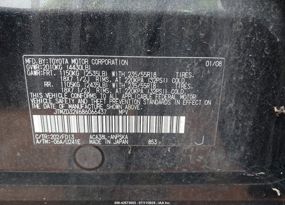 2008 TOYOTA RAV4 VIN: JTMZD32V686066437