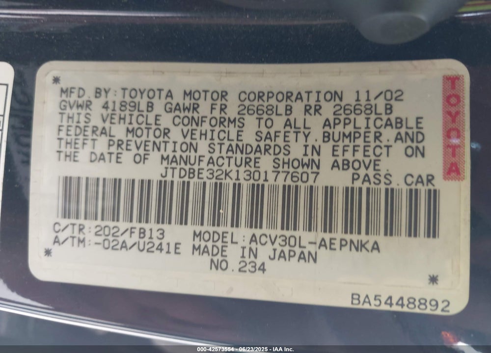 2003 TOYOTA CAMRY LE VIN: JTDBE32K130177607