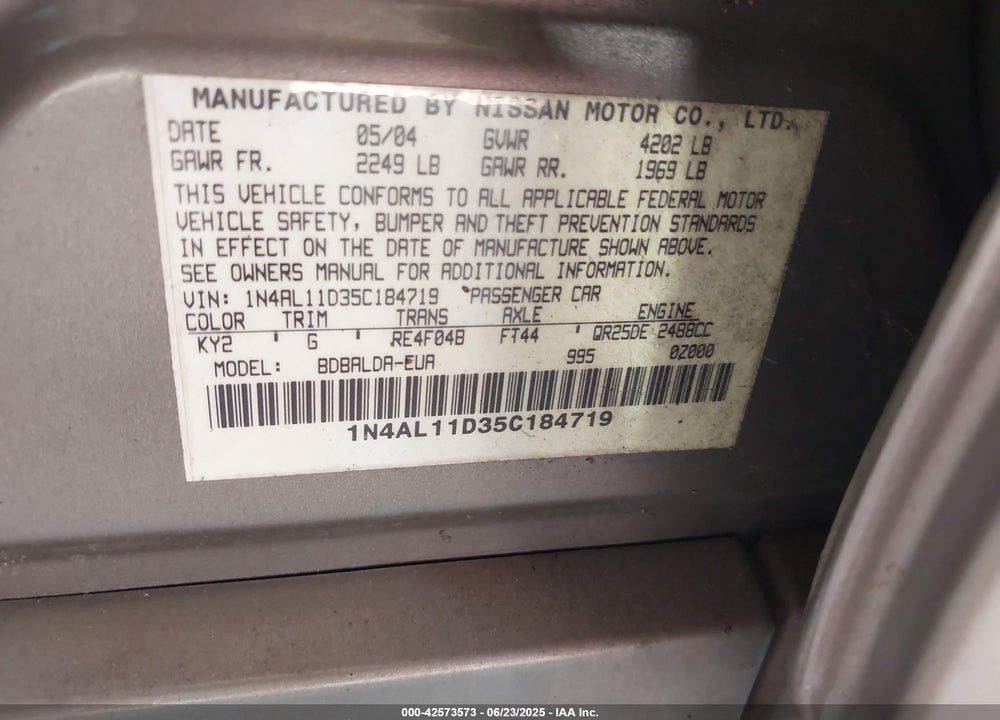 2005 NISSAN ALTIMA 2.5 S VIN: 1N4AL11D35C184719