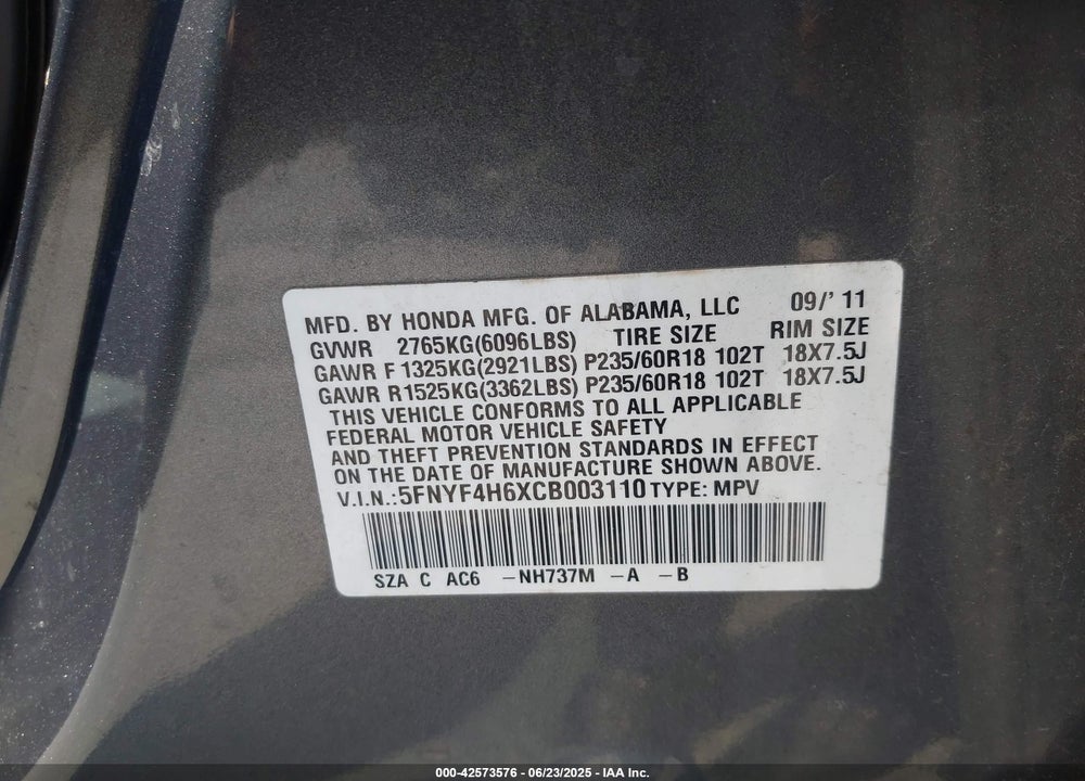 2012 HONDA PILOT VIN: 5FNYF4H6XCB003110