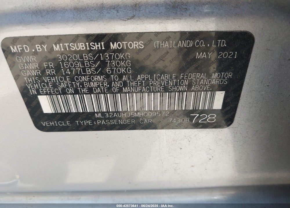 2021 MITSUBISHI MIRAGE VIN: ML32AUHJ5MH009572