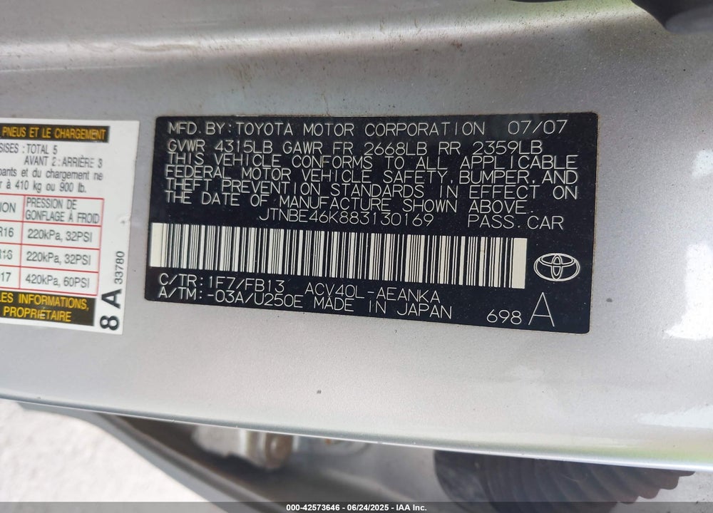 2008 TOYOTA CAMRY VIN: JTNBE46K883130169