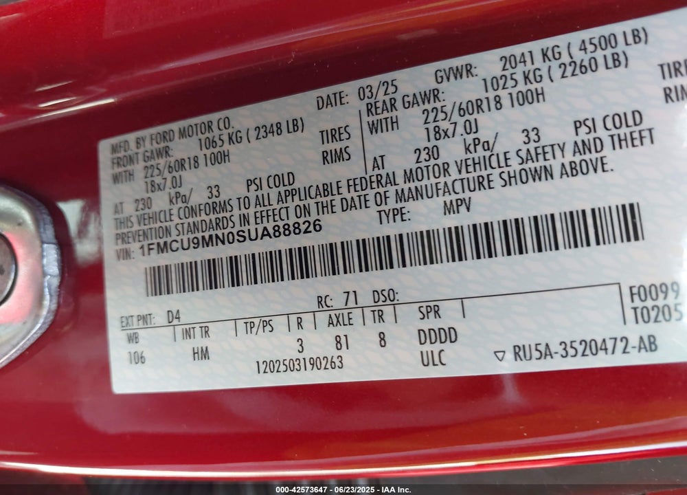 2025 FORD ESCAPE ST LINE VIN: 1FMCU9MN0SUA88826