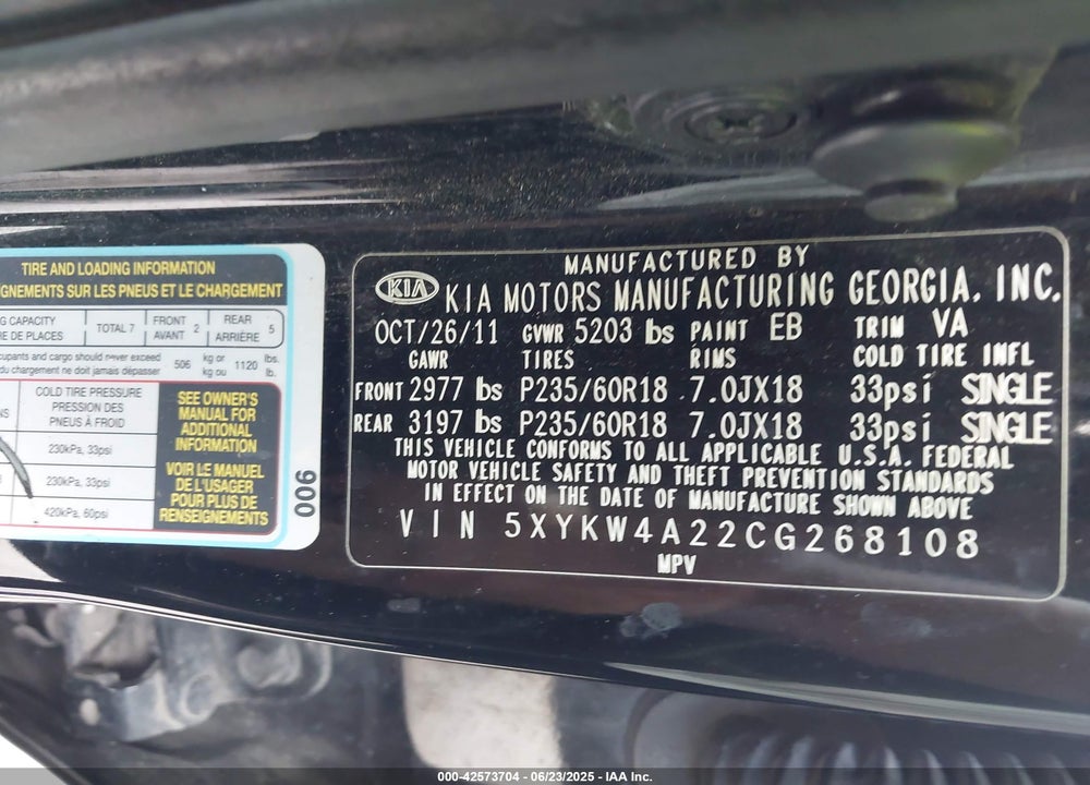 2012 KIA SORENTO VIN: 5XYKW4A22CG268108