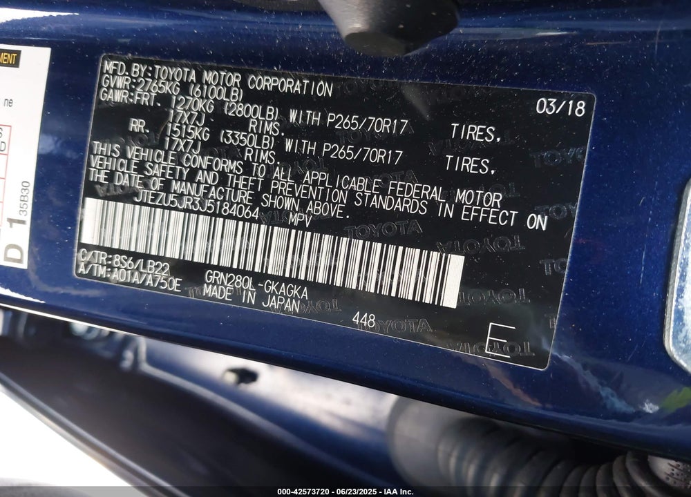 2018 TOYOTA 4RUNNER VIN: JTEZU5JR3J5184064