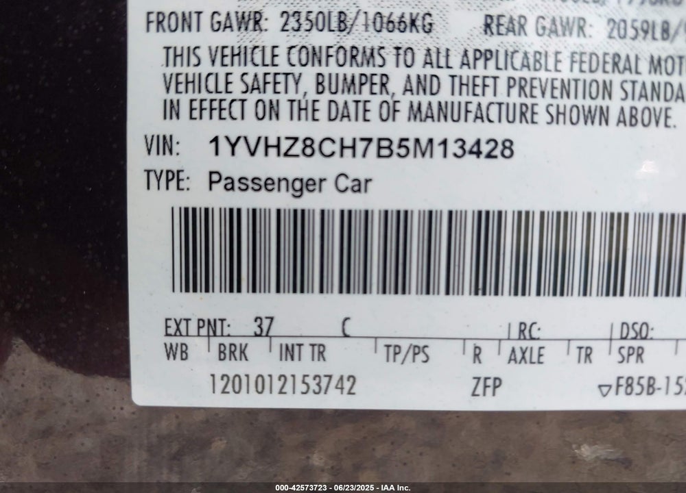 2011 MAZDA MAZDA6 VIN: 1YVHZ8CH7B5M13428
