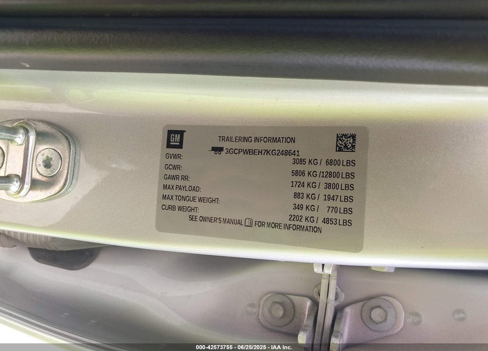 2019 CHEVROLET SILVERADO 1500 VIN: 3GCPWBEH7KG248641