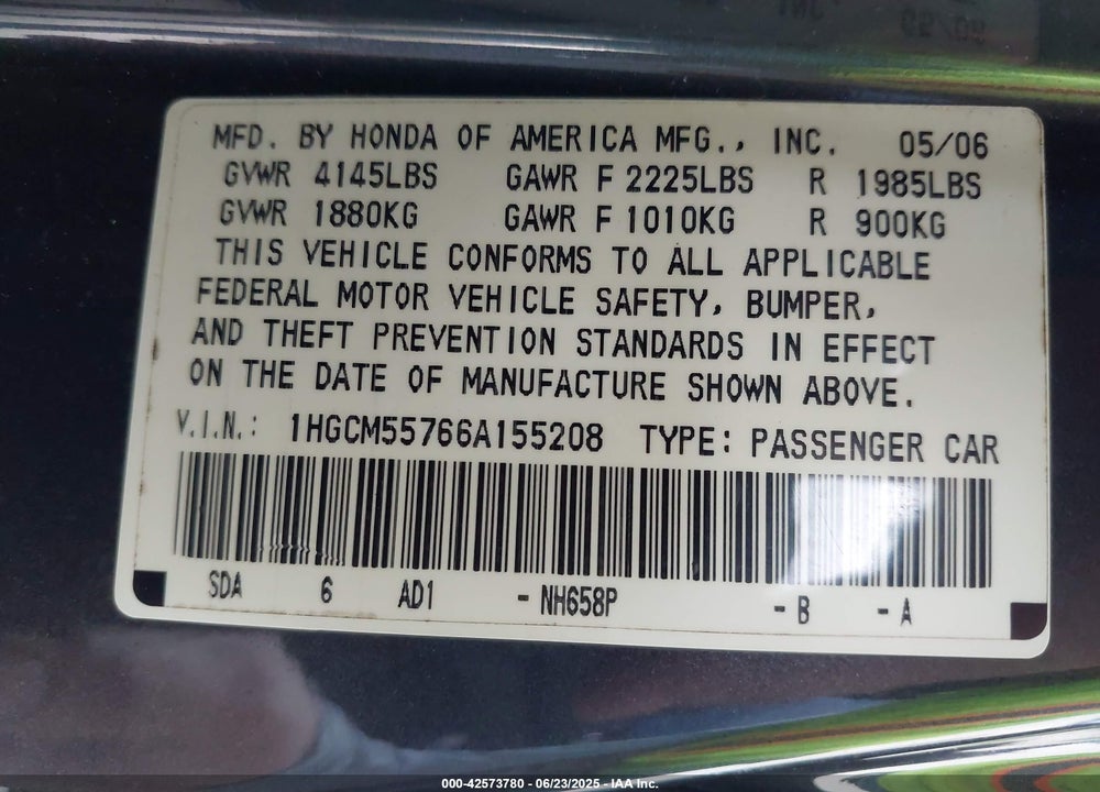 2006 HONDA ACCORD VIN: 1HGCM55766A155208