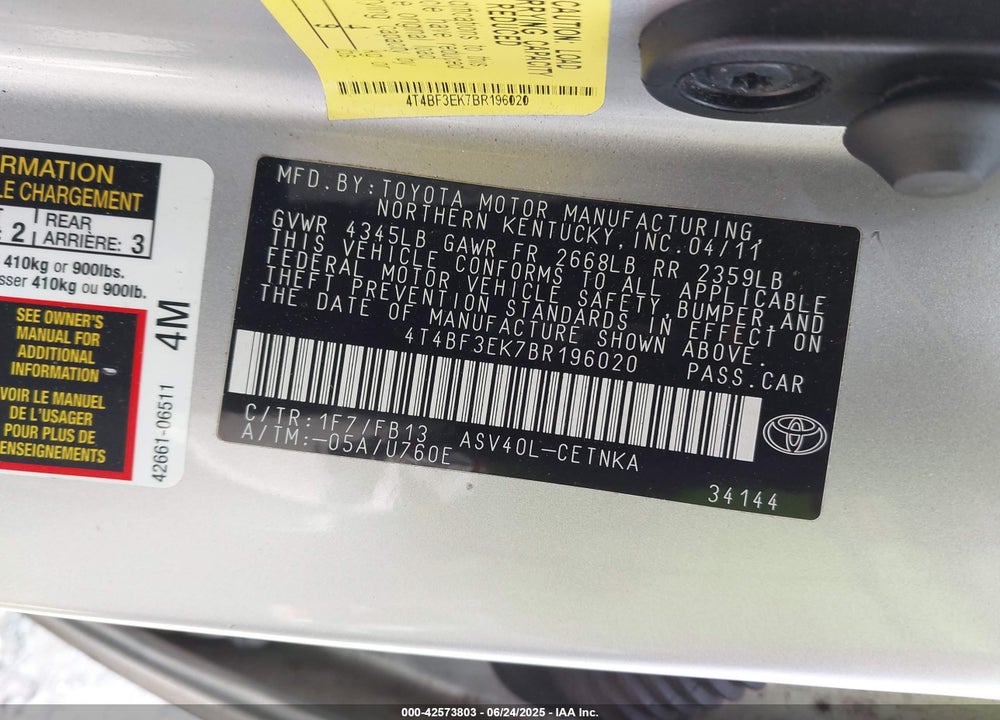 2011 TOYOTA CAMRY VIN: 4T4BF3EK7BR196020