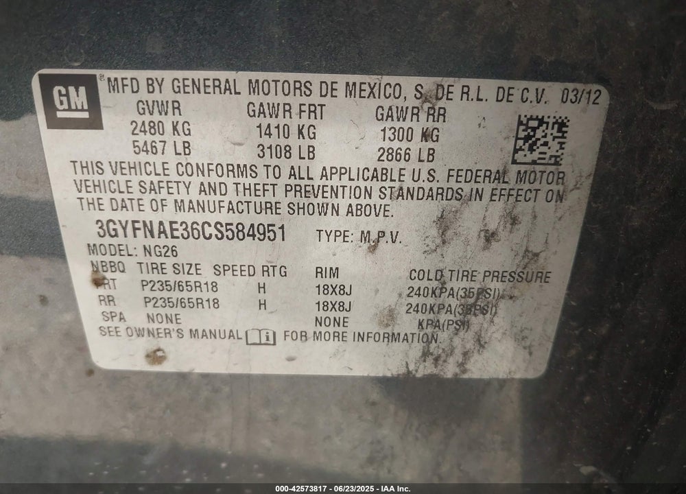 2012 CADILLAC SRX VIN: 3GYFNAE36CS584951
