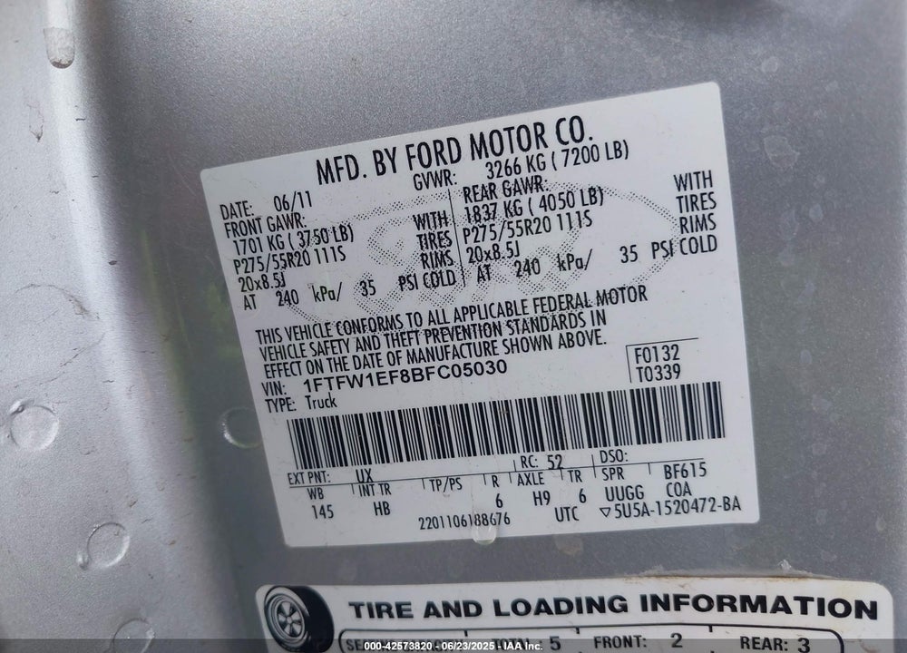 2011 FORD F-150 VIN: 1FTFW1EF8BFC05030