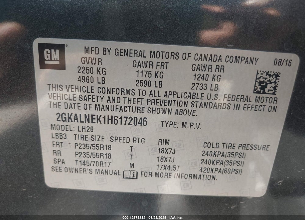 2017 GMC TERRAIN VIN: 2GKALNEK1H6172046