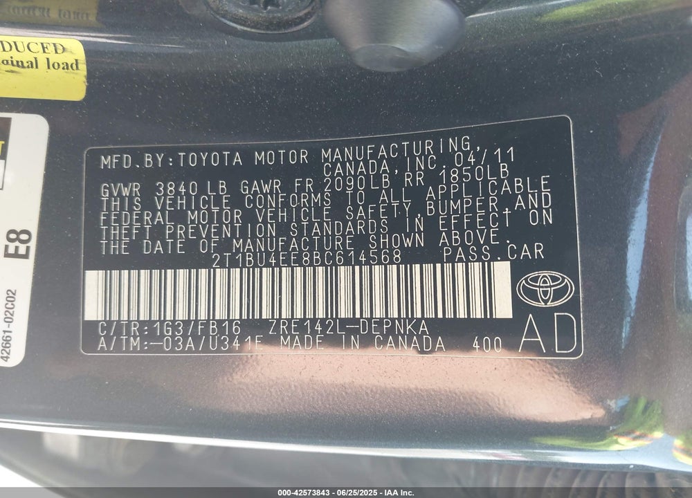 2011 TOYOTA COROLLA VIN: 2T1BU4EE8BC614568