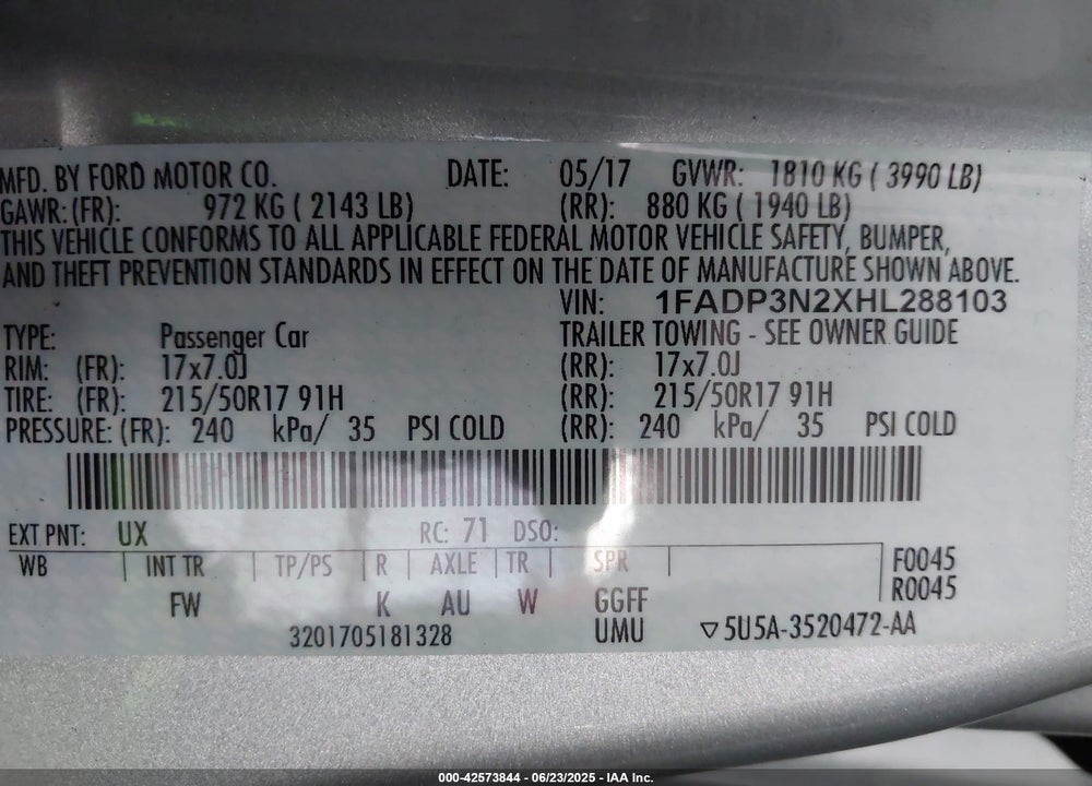 2017 FORD FOCUS VIN: 1FADP3N2XHL288103