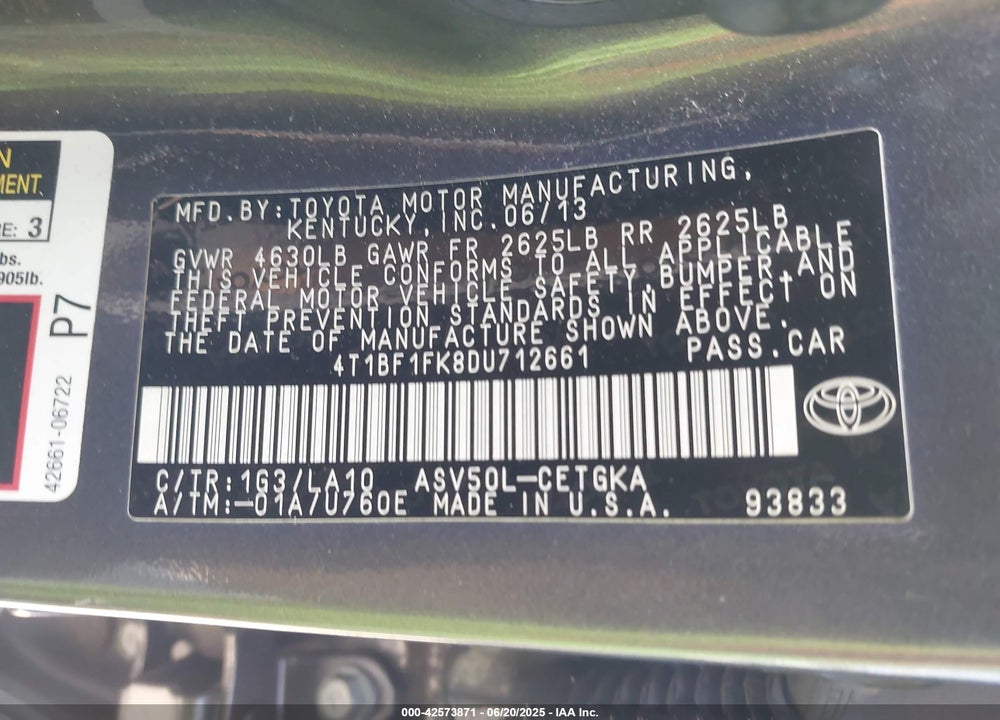 2013 TOYOTA CAMRY XLE VIN: 4T1BF1FK8DU712661