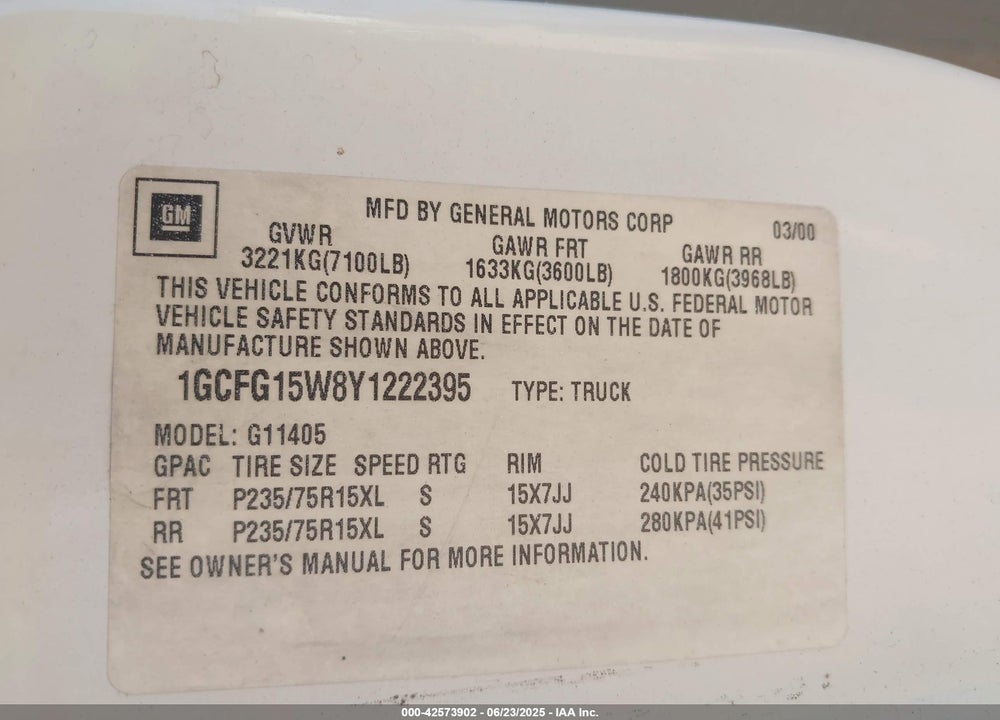 2000 CHEVROLET EXPRESS VIN: 1GCFG15W8Y1222395