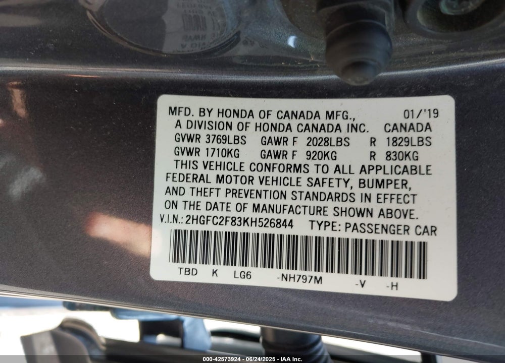 2019 HONDA CIVIC SPORT VIN: 2HGFC2F83KH526844
