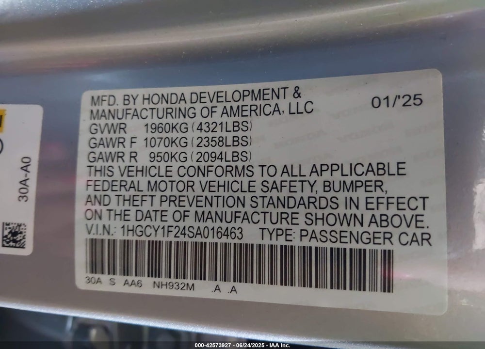 2025 HONDA ACCORD LX VIN: 1HGCY1F24SA016463