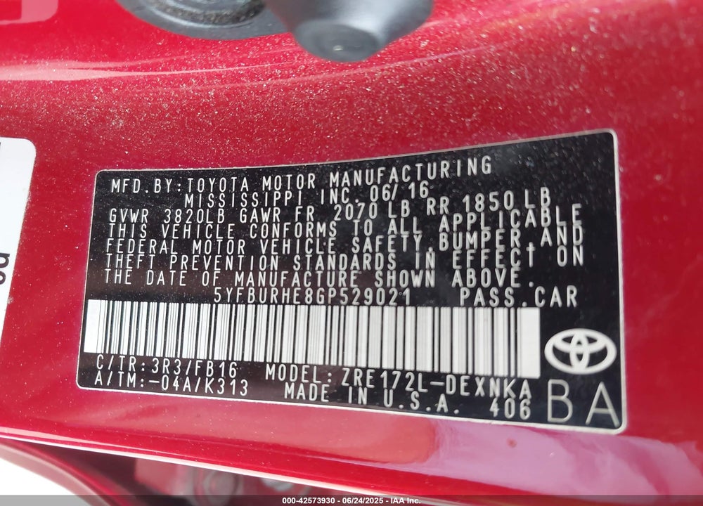 2016 TOYOTA COROLLA VIN: 5YFBURHE8GP529021