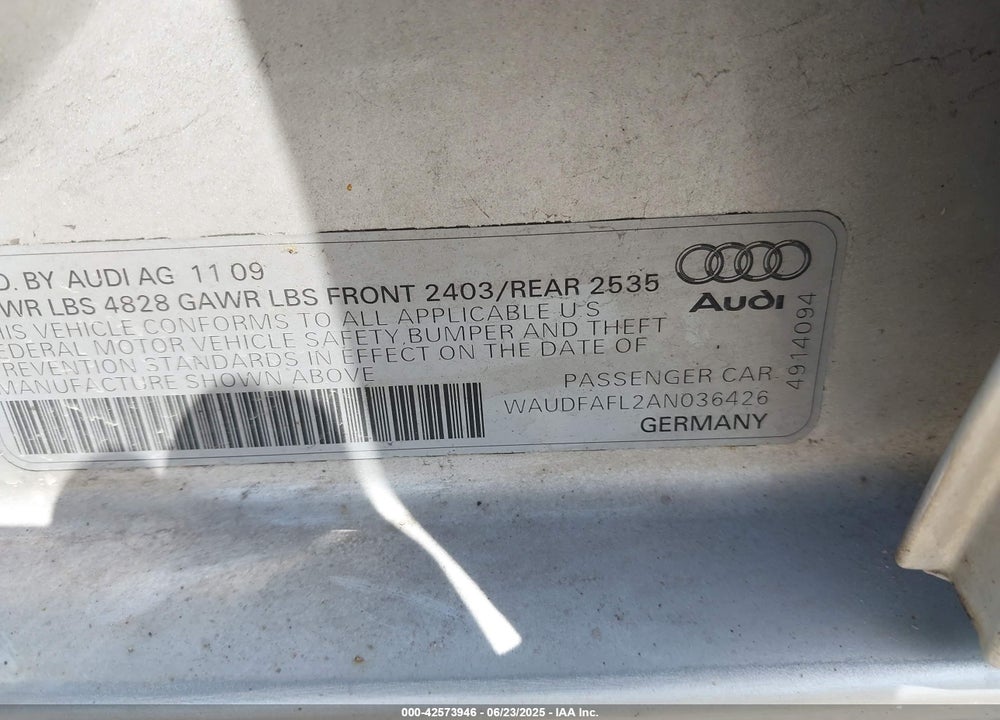 2010 AUDI A4 2.0T PREMIUM VIN: WAUDFAFL2AN036426