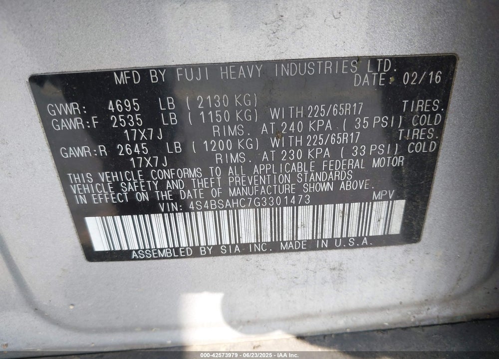 2016 SUBARU OUTBACK VIN: 4S4BSAHC7G3301473